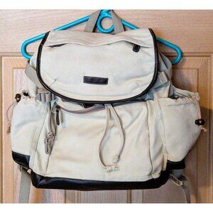 Eddie Bauer Beige Canvas Diaper Backpack With Leather Bottom & Multiple Pockets